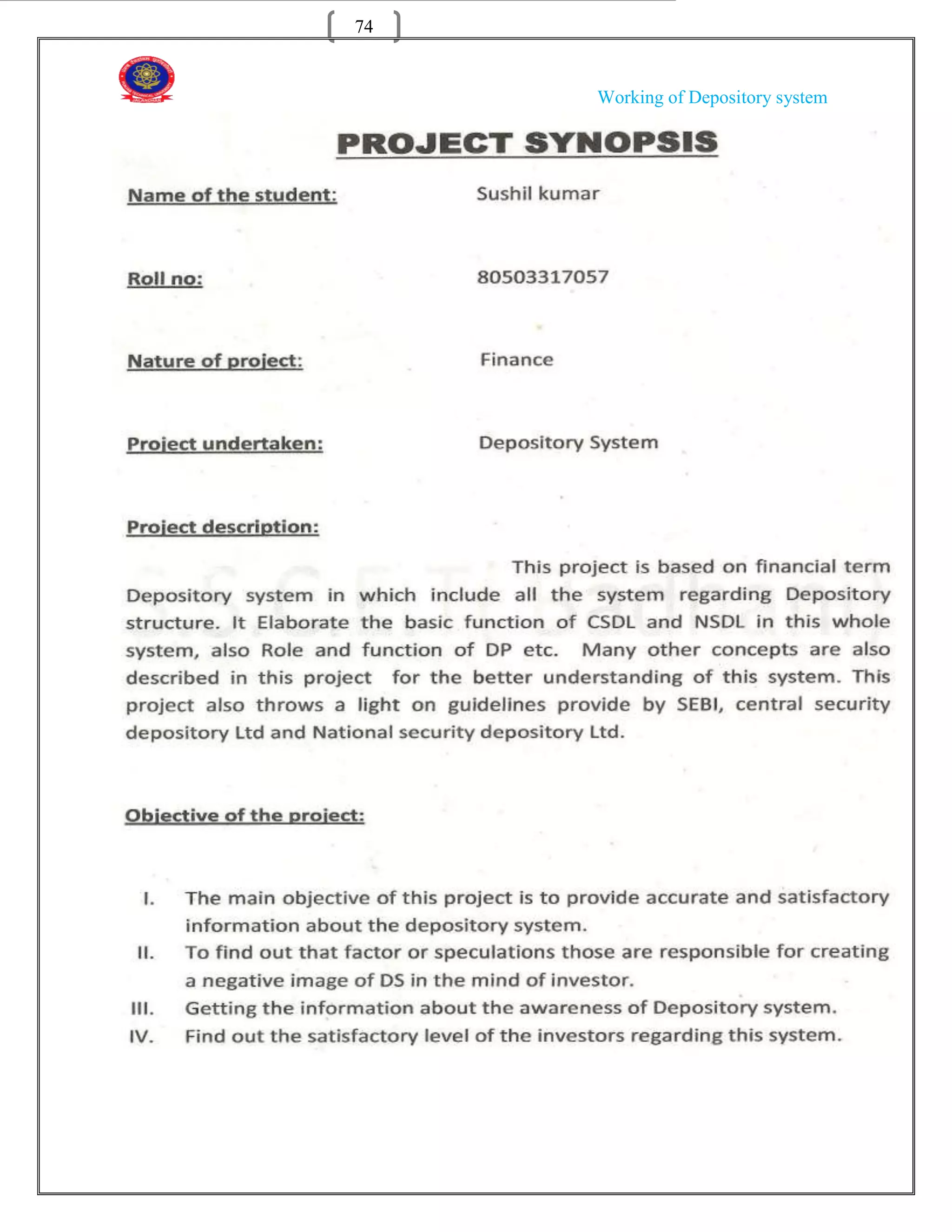 74


     Working of Depository system
 