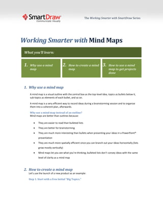 The Working Smarter with SmartDraw Series




Working Smarter with Mind Maps
 What you’ll learn:


 1.    Why use a mind                 2.    How to create a mind             3.   How to use a mind
       map                                  map                                   map to get projects
                                                                                  done



 1. Why use a mind map
       A mind map is a visual outline with the central box as the top-level idea, topics as bullets below it,
       sub-topics as elements of each bullet, and so on.

       A mind map is a very efficient way to record ideas during a brainstorming session and to organize
       them into a coherent plan, afterwards.

       Why use a mind map instead of an outline?
       Mind maps are better than outlines because:

              They are easier to read than bulleted lists
              They are better for brainstorming
              They are much more interesting than bullets when presenting your ideas in a PowerPoint®
               presentation
              They are much more spatially efficient since you can branch out your ideas horizontally (lists
               grow mostly vertically)
              Mind maps let you see what you’re thinking; bulleted lists don’t convey ideas with the same
               level of clarity as a mind map



 2. How to create a mind map
      Let’s use the launch of a new product as an example:

      Step 1. Start with a Few Initial “Big Topics.”
 