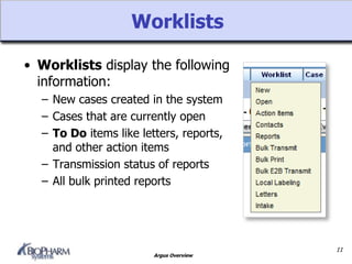 Argus Overview
Worklists
• Worklists display the following
information:
– New cases created in the system
– Cases that are currently open
– To Do items like letters, reports,
and other action items
– Transmission status of reports
– All bulk printed reports
11
 