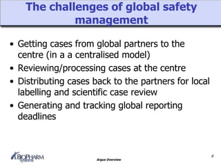 Argus Overview
The challenges of global safety
management
• Getting cases from global partners to the
centre (in a a centralised model)
• Reviewing/processing cases at the centre
• Distributing cases back to the partners for local
labelling and scientific case review
• Generating and tracking global reporting
deadlines
6
 