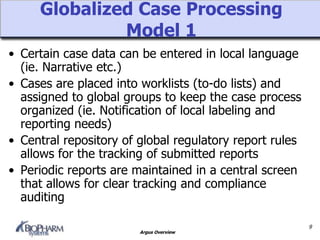 Argus Overview
Globalized Case Processing
Model 1
• Certain case data can be entered in local language
(ie. Narrative etc.)
• Cases are placed into worklists (to-do lists) and
assigned to global groups to keep the case process
organized (ie. Notification of local labeling and
reporting needs)
• Central repository of global regulatory report rules
allows for the tracking of submitted reports
• Periodic reports are maintained in a central screen
that allows for clear tracking and compliance
auditing
9
 