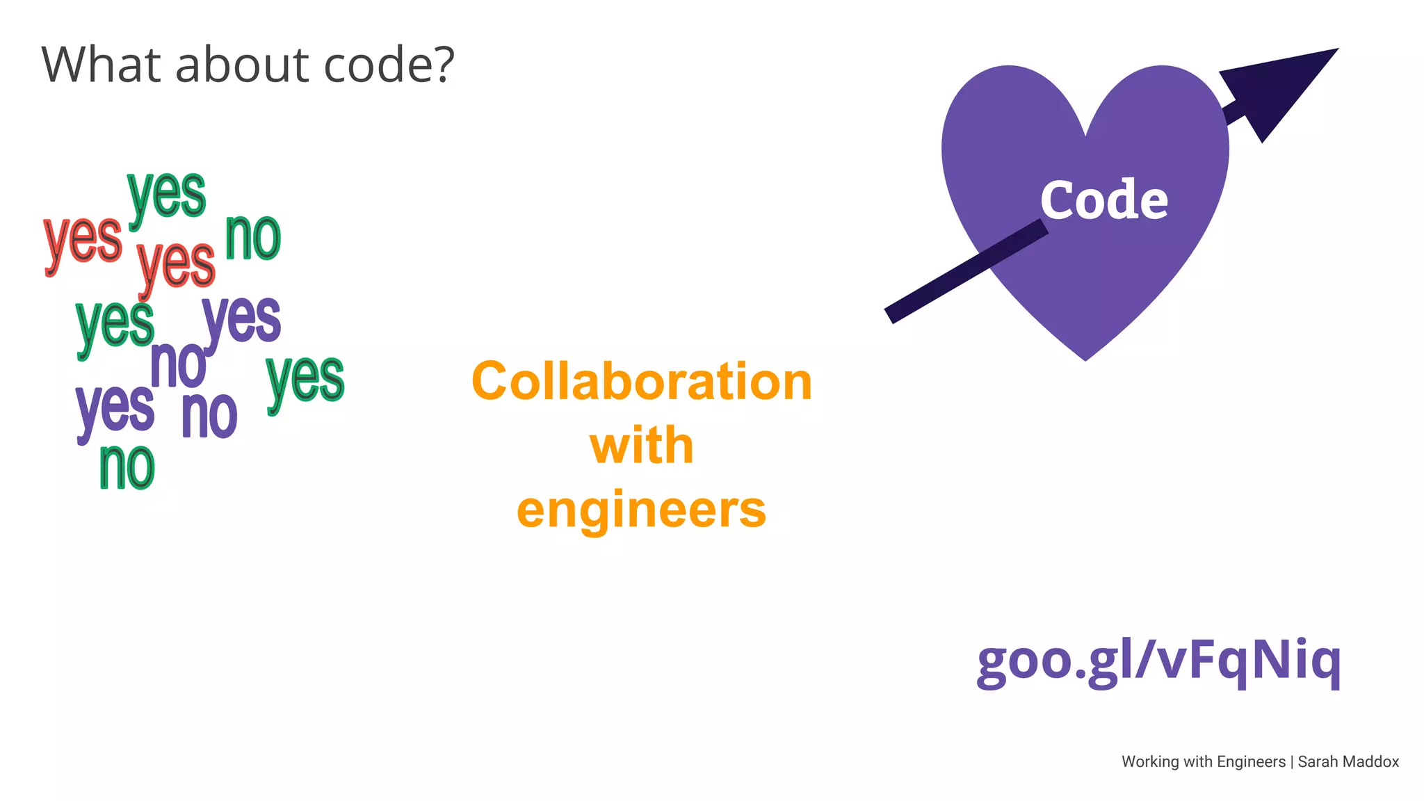 Working with Engineers | Sarah Maddox
What about code?
Code
 