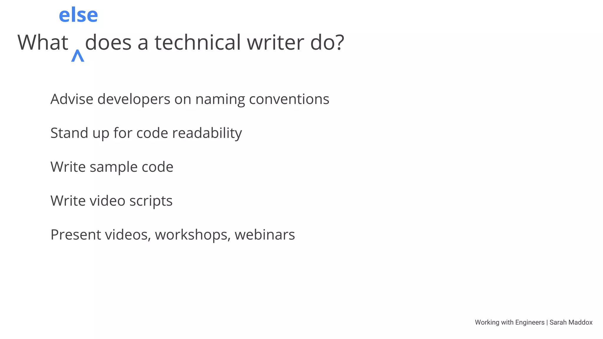 Working with Engineers | Sarah Maddox
to understand so thoroughly that the observer
becomes part of the observed
Robert A. Heinlein, 1961
Stranger in a Strange Land
Grok
 
