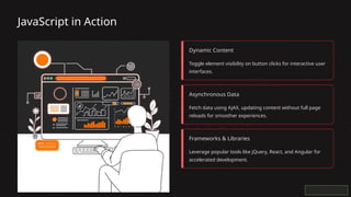 JavaScript in Action
Dynamic Content
Toggle element visibility on button clicks for interactive user
interfaces.
Asynchronous Data
Fetch data using AJAX, updating content without full page
reloads for smoother experiences.
Frameworks & Libraries
Leverage popular tools like jQuery, React, and Angular for
accelerated development.
 