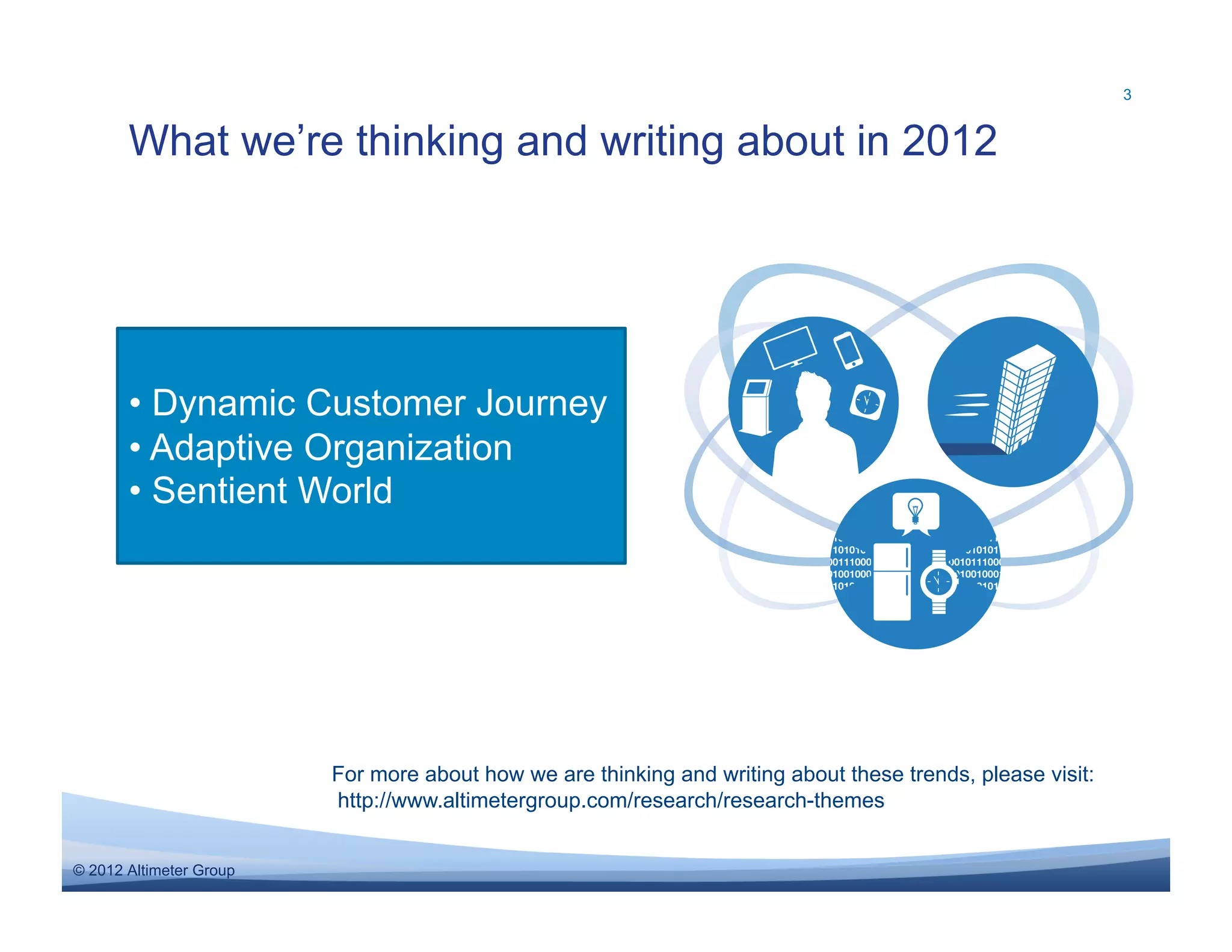 3


       What we’re thinking and writing about in 2012




       •  Dynamic Customer Journey
       •  Adaptive Organization
       •  Sentient World




                         For more about how we are thinking and writing about these trends, please visit:
                         http://www.altimetergroup.com/research/research-themes


© 2012 Altimeter Group
 