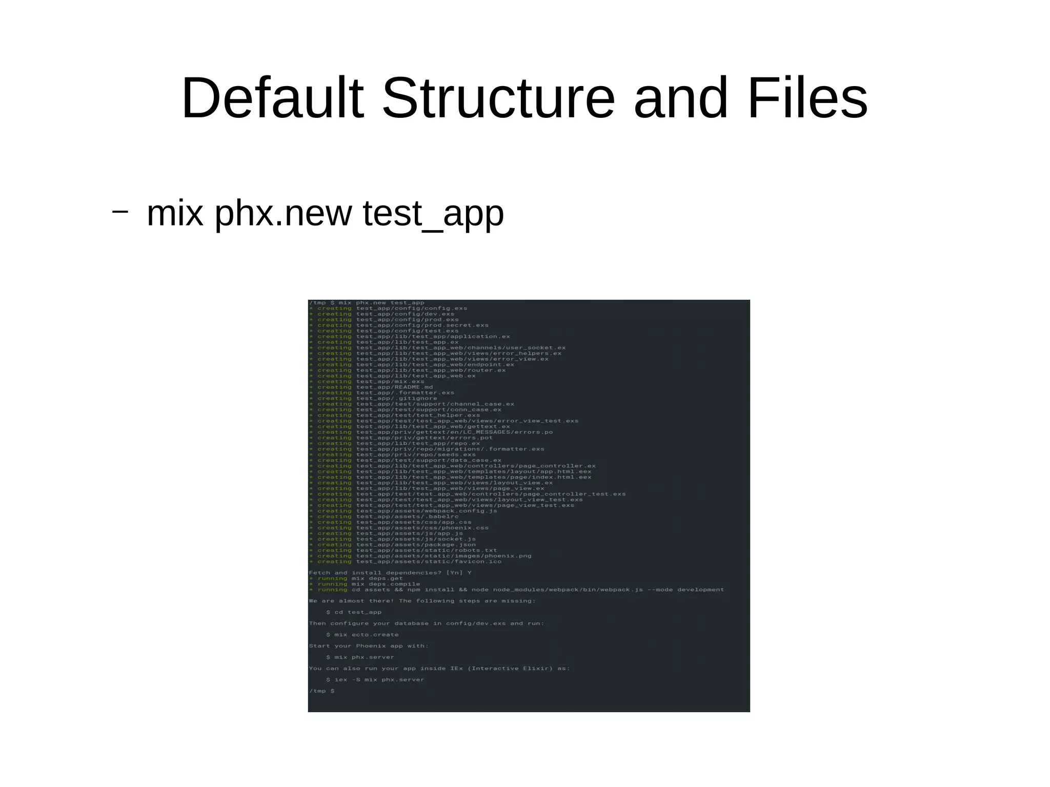 Default Structure and Files
– mix phx.new test_app
 