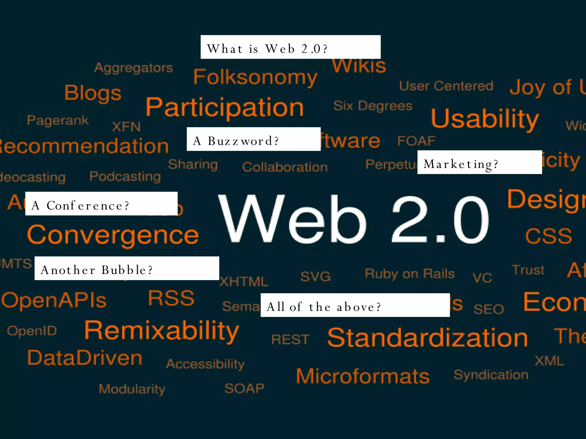 What is Web 2.0? A Buzzword? A Conference? Marketing? Another Bubble? All of the above? 