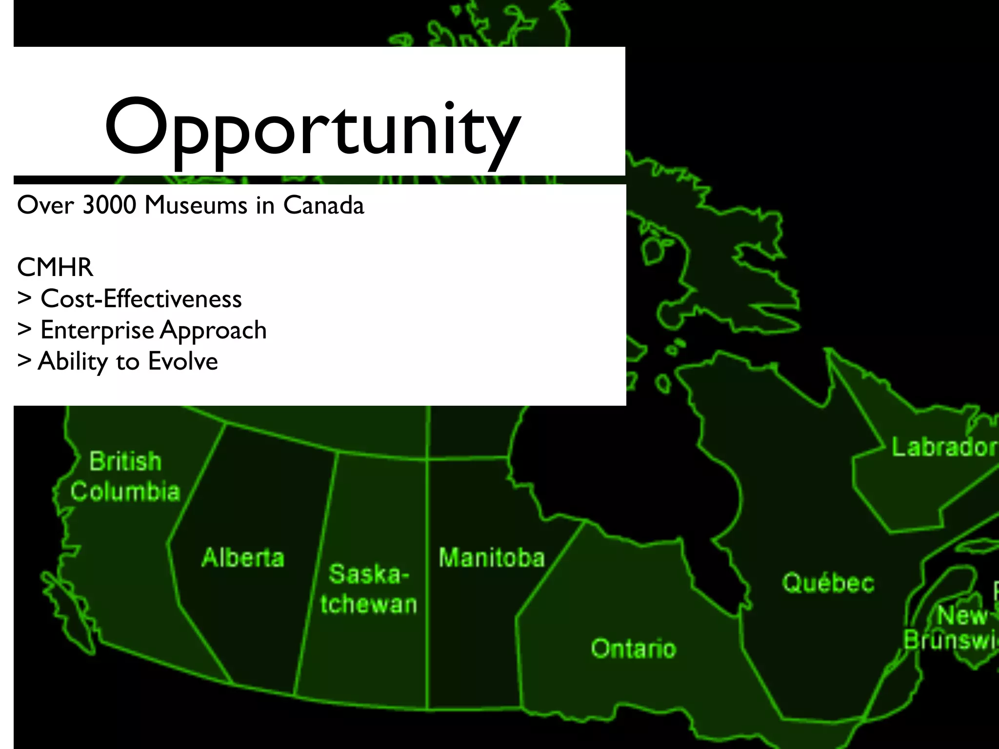 Opportunity
Over 3000 Museums in Canada
CMHR
> Cost-Effectiveness
> Enterprise Approach
> Ability to Evolve
 