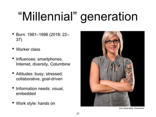 “Millennial” generation
• Born: 1981–1996 (2018: 22–
37)
• Worker class
• Influences: smartphones,
Internet, diversity, Columbine
• Attitudes: busy, stressed;
collaborative, goal-driven
• Information needs: visual,
embedded
• Work style: hands on
Gino Santa Maria, Dreamstime
27
 