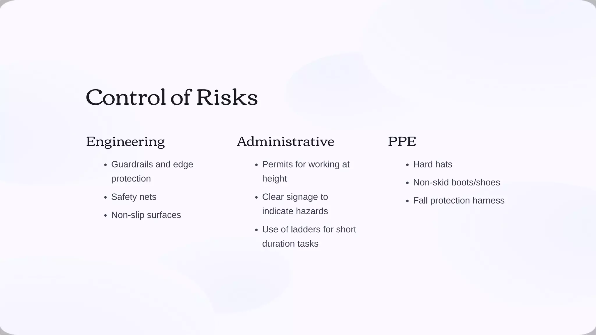 Control of Risks
Engineering
Guardrails and edge
protection
Safety nets
Non-slip surfaces
Administrative
Permits for working at
height
Clear signage to
indicate hazards
Use of ladders for short
duration tasks
PPE
Hard hats
Non-skid boots/shoes
Fall protection harness
 