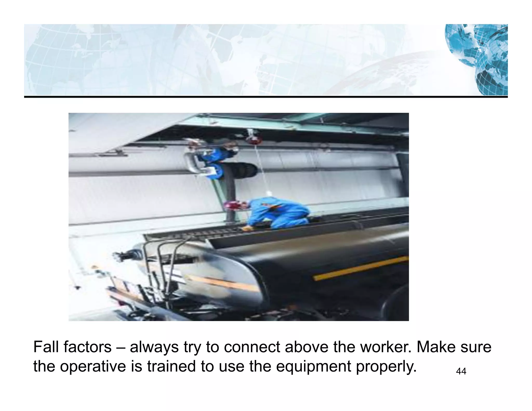 44
Fall factors – always try to connect above the worker. Make sure
the operative is trained to use the equipment properly.
 