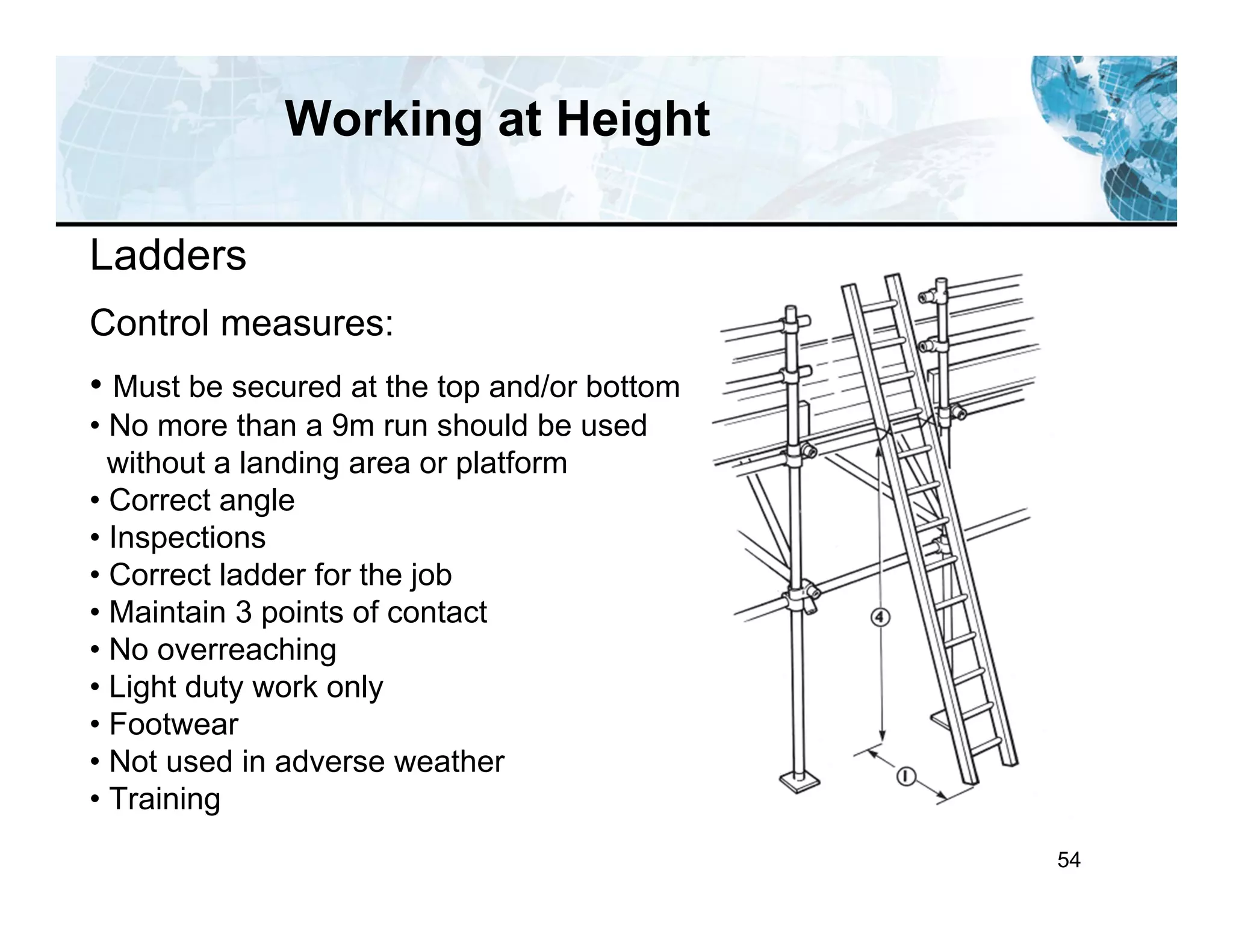 54
Working at Height
Ladders
Control measures:
• Must be secured at the top and/or bottom
• No more than a 9m run should be used
without a landing area or platform
• Correct angle
• Inspections
• Correct ladder for the job
• Maintain 3 points of contact
• No overreaching
• Light duty work only
• Footwear
• Not used in adverse weather
• Training
 