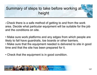 107
• Check there is a safe method of getting to and from the work
area. Decide what particular equipment will be suitable for the job
and the conditions on site.
• Make sure work platforms and any edges from which people are
likely to fall have guardrails, toe boards or other barriers.
• Make sure that the equipment needed is delivered to site in good
time and that the site has been prepared for it.
• Check that the equipment is in good condition.
Summary of steps to take before working at
height
 