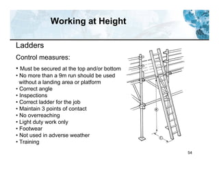 54
Working at Height
Ladders
Control measures:
• Must be secured at the top and/or bottom
• No more than a 9m run should be used
without a landing area or platform
• Correct angle
• Inspections
• Correct ladder for the job
• Maintain 3 points of contact
• No overreaching
• Light duty work only
• Footwear
• Not used in adverse weather
• Training
 