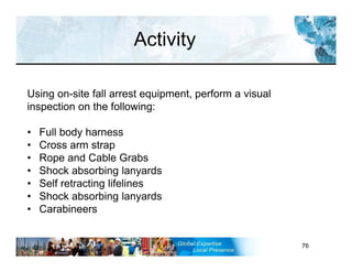 RST-FP&FF V2 GL 27-11-11 76
Activity
Using on-site fall arrest equipment, perform a visual
inspection on the following:
• Full body harness
• Cross arm strap
• Rope and Cable Grabs
• Shock absorbing lanyards
• Self retracting lifelines
• Shock absorbing lanyards
• Carabineers
 