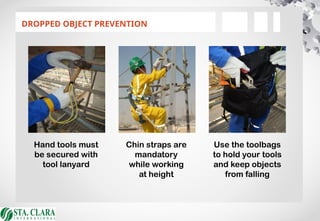 DROPPED OBJECT PREVENTION
Hand tools must
be secured with
tool lanyard
Chin straps are
mandatory
while working
at height
Use the toolbags
to hold your tools
and keep objects
from falling
 