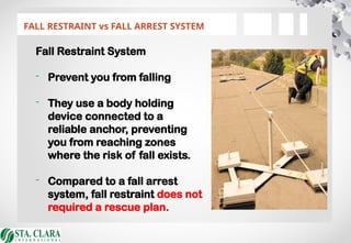 FALL RESTRAINT vs FALL ARREST SYSTEM
Fall Restraint System
- Prevent you from falling
- They use a body holding
device connected to a
reliable anchor, preventing
you from reaching zones
where the risk of fall exists.
- Compared to a fall arrest
system, fall restraint does not
required a rescue plan.
 
