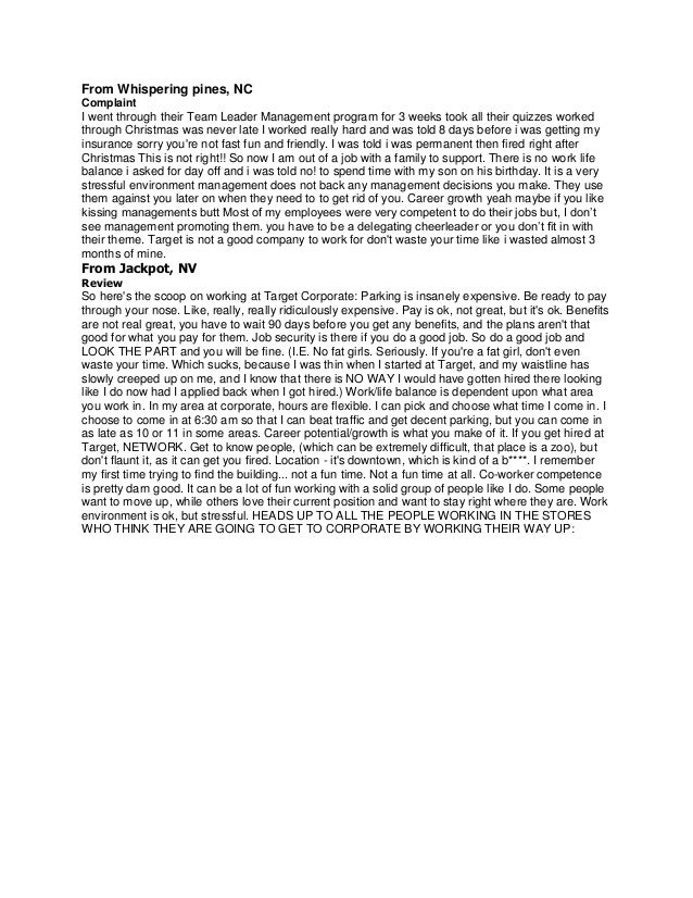 Working at target complaints and reviews by employees.