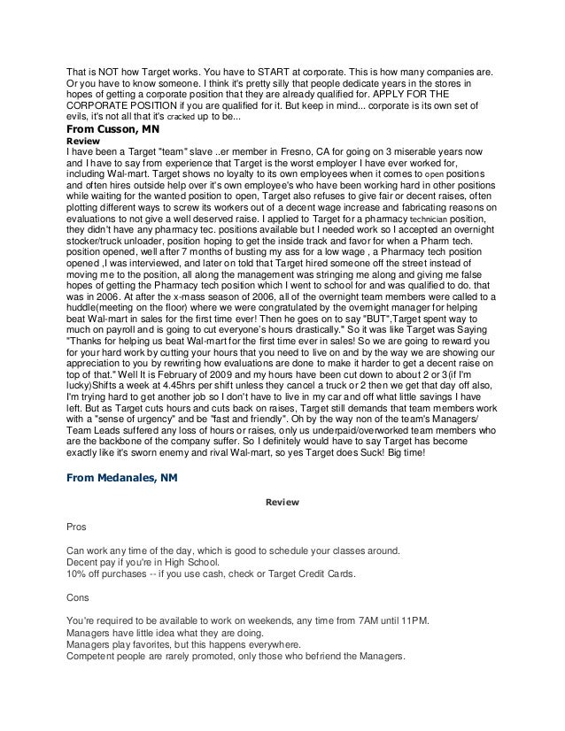 Working at target complaints and reviews by employees.