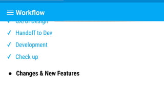 Workflow
✓ Kick Off
✓ UX/UI Design
✓ Handoff to Dev
● Changes & New Features
 