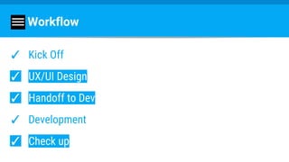 Workflow
✓ Kick Off
✓ UX/UI Design
✓ Handoff to Dev
✓ Development
✓ Check up
 