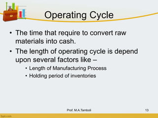 Operating Cycle
• The time that require to convert raw
materials into cash.
• The length of operating cycle is depend
upon several factors like –
• Length of Manufacturing Process
• Holding period of inventories
Prof. M.A.Tamboli 13
 