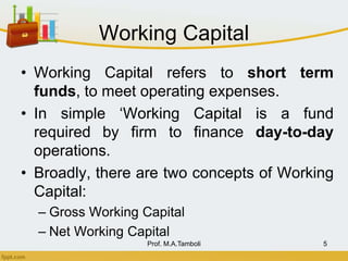Working Capital
• Working Capital refers to short term
funds, to meet operating expenses.
• In simple ‘Working Capital is a fund
required by firm to finance day-to-day
operations.
• Broadly, there are two concepts of Working
Capital:
– Gross Working Capital
– Net Working Capital
Prof. M.A.Tamboli 5
 