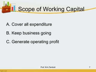 Scope of Working Capital
A. Cover all expenditure
B. Keep business going
C. Generate operating profit
Prof. M.A.Tamboli 7
 
