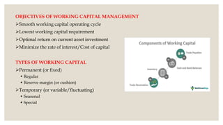 OBJECTIVES OF WORKING CAPITAL MANAGEMENT
Smooth working capital operating cycle
Lowest working capital requirement
Optimal return on current asset investment
Minimize the rate of interest/Cost of capital
TYPES OF WORKING CAPITAL
Permanent (or fixed)
 Regular
 Reserve margin (or cushion)
Temporary (or variable/fluctuating)
 Seasonal
 Special
 
