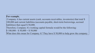 For example,
Company A has current assets (cash, accounts receivables, inventories) that total $
100,000 and current liabilities (accounts payable, short-term borrowings, accrued
liabilities) that equal $ 50,000.
Therefore, Company A’s working capital formula would be the following:
$ 100,000 - $ 50,000 = $ 50,000
What does this mean for Company A? They have $ 50,000 to help grow the company.
 