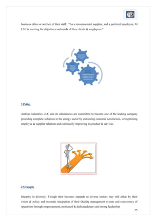 business ethics or welfare of their staff. “As a recommended supplier, and a preferred employer, AI
LLC is meeting the objectives and needs of their clients & employees.”




3 Policy


Arabian Industries LLC and its subsidiaries are committed to become one of the leading company
providing complete solutions to the energy sector by enhancing customer satisfaction, strengthening
employee & supplier relations and continually improving its product & services.




4 Strength


Integrity in diversity. Though their business expands to diverse sectors they still abide by their
vision & policy and maintain integration of their Quality management system and consistency of
operations through empowerment, motivated & dedicated peers and strong leadership
                                                                                                25
 