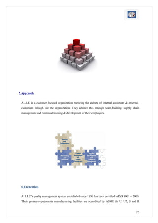 5 Approach


 AILLC is a customer-focused organization nurturing the culture of internal-customers & external-
 customers through out the organization. They achieve this through team-building, supply chain
 management and continual training & development of their employees.




 6-Credentials


 AI LLC’s quality management system established since 1996 has been certified to ISO 9001 – 2000.
 Their pressure equipments manufacturing facilities are accredited by ASME for U, U2, S and R


                                                                                              26
 