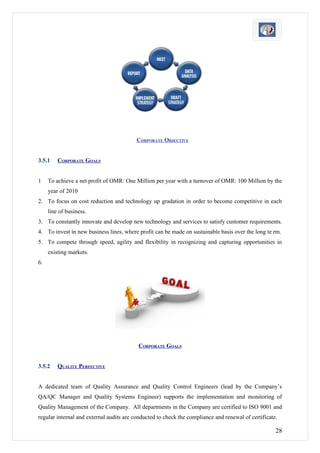CORPORATE OBJECTIVE


3.5.1    CORPORATE GOALS


1    To achieve a net profit of OMR: One Million per year with a turnover of OMR: 100 Million by the
     year of 2010
2. To focus on cost reduction and technology up gradation in order to become competitive in each
     line of business.
3. To constantly innovate and develop new technology and services to satisfy customer requirements.
4. To invest in new business lines, where profit can be made on sustainable basis over the long te rm.
5. To compete through speed, agility and flexibility in recognizing and capturing opportunities in
     existing markets.
6.




                                          CORPORATE GOALS


3.5.2    QUALITY PERFECTIVE


A dedicated team of Quality Assurance and Quality Control Engineers (lead by the Company’s
QA/QC Manager and Quality Systems Engineer) supports the implementation and monitoring of
Quality Management of the Company. All departments in the Company are certified to ISO 9001 and
regular internal and external audits are conducted to check the compliance and renewal of certificate.

                                                                                                     28
 