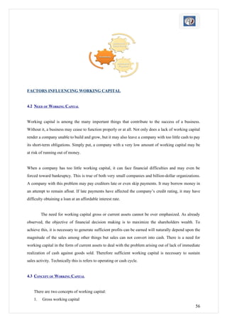 FACTORS INFLUENCING WORKING CAPITAL


4.2 NEED OF WORKING CAPITAL


Working capital is among the many important things that contribute to the success of a business.
Without it, a business may cease to function properly or at all. Not only does a lack of working capital
render a company unable to build and grow, but it may also leave a company with too little cash to pay
its short-term obligations. Simply put, a company with a very low amount of working capital may be
at risk of running out of money.


When a company has too little working capital, it can face financial difficulties and may even be
forced toward bankruptcy. This is true of both very small companies and billion-dollar organizations.
A company with this problem may pay creditors late or even skip payments. It may borrow money in
an attempt to remain afloat. If late payments have affected the company’s credit rating, it may have
difficulty obtaining a loan at an affordable interest rate.


         The need for working capital gross or current assets cannot be over emphasized. As already
observed, the objective of financial decision making is to maximize the shareholders wealth. To
achieve this, it is necessary to generate sufficient profits can be earned will naturally depend upon the
magnitude of the sales among other things but sales can not convert into cash. There is a need for
working capital in the form of current assets to deal with the problem arising out of lack of immediate
realization of cash against goods sold. Therefore sufficient working capital is necessary to sustain
sales activity. Technically this is refers to operating or cash cycle.


4.3 CONCEPT OF WORKING CAPITAL


    There are two concepts of working capital:
    1.   Gross working capital
                                                                                                      56
 