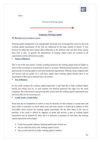 Value


                                           Permanent Working Capital




                                                  Time
                                      Temporary Working Capital
4.5 DETERMINANTS OF WORKING CAPITAL


Working capital management is an indispensable functional area of management. However the total
working capital requirements of the firm are influenced by the large number of factors. It may
however be added that these factors affect differently to the different units and these keep varying
from time to time. In general, the determinants of working capital which are common to all
organizations can be summarized as under:
   Nature of Business


This is one of the main factors. Usually in trading businesses the working capital needs are higher as
most of their investment is concentrated in stock or inventory. Manufacturing businesses also need a
good amount of working capital to meet their production requirements. Whereas, those companies that
sell services and not goods, on a cash basis require least working capital because there is no
requirement on their part to maintain heavy inventories.
   Size of Business


In very small company the working capital requirement is quit high due to high overhead, higher
buying and selling cost etc. as such medium size business positively has edge over the small
companies. But if the business start growing after certain limit, the working capital requirements may
adversely affect by the increasing size.
   Credit Terms / Credit Policy


Some time due to competition or custom, it may be necessary for the company to extend more and
more credit to customers, as result which more and more amount is locked up in debtors or bills
receivables which increase the working capital requirement. On the other hand, in the case of
purchase, if the credit is offered by suppliers of goods and services, a part of working capital
requirement may be financed by them, but it is necessary to purchase on cash basis, the working
capital requirement will be higher.


       Credit terms greatly influence working capital needs. If terms are:
       buy on credit and sell by cash, working capital is lower
       buy on credit and sell on credit, working capital is medium

                                                                                                   61
 