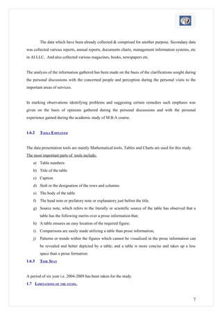 The data which have been already collected & comprised for another purpose. Secondary data
was collected various reports, annual reports, documents charts, management information systems, etc
in AI LLC, And also collected various magazines, books, newspapers etc.


The analysis of the information gathered has been made on the basis of the clarifications sought during
the personal discussions with the concerned people and perception during the personal visits to the
important areas of services.


In marking observations identifying problems and suggesting certain remedies such emphasis was
given on the basis of opinions gathered during the personal discussions and with the personal
experience gained during the academic study of M.B.A course.


1.6.2    TOOLS EMPLOYED


The data presentation tools are mainly Mathematical tools, Tables and Charts are used for this study.
The most important parts of tools include;
    a) Table numbers
    b) Title of the table
    c) Caption
    d) Stub or the designation of the rows and columns
    e) The body of the table
    f) The head note or prefatory note or explanatory just before the title.
    g) Source note, which refers to the literally or scientific source of the table has observed that a
         table has the following merits over a prose information that;
    h) A table ensures an easy location of the required figure;
    i)   Comparisons are easily made utilizing a table than prose information;
    j)   Patterns or trends within the figures which cannot be visualized in the prose information can
         be revealed and better depicted by a table; and a table is more concise and takes up a less
         space than a prose formation:
1.6.3    TIME SPAN


A period of six year i.e. 2004-2009 has been taken for the study.
1.7 LIMITATIONS OF THE STUDY.


                                                                                                        7
 