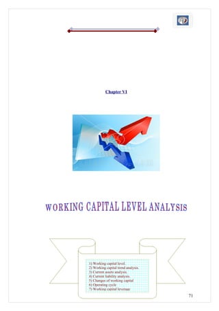 Chapter VI




1) Working capital level.
2) Working capital trend analysis.
3) Current assets analysis.
4) Current liability analysis.
5) Changes of working capital
6) Operating cycle
7) Working capital leverage
                                     71
 