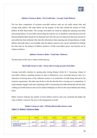 [Debtors Turnover Ratio = Net Credit Sales / Average Trade Debtors]


The two basic components of accounts receivable turnover ratio are net credit annual sales and
average trade debtors. The trade debtors for the purpose of this ratio include the amount of Trade
Debtors & Bills Receivables. The average receivables are found by adding the opening receivables
and closing balance of receivables and dividing the total by two. It should be noted that provision for
bad and doubtful debts should not be deducted since this may give an impression that some amount of
receivables has been collected. But when the information about opening and closing balances of trade
debtors and credit sales is not available, then the debtors turnover ratio can be calculated by dividing
the total sales by the balance of debtors (inclusive of bills receivables) given. and formula can be
written as follows.

                           [Debtors Turnover Ratio = Total Sales / Debtors]

The derivation of this ratio is made in following way


                Receivable turnover ratio = Gross sales/Average account receivables


Average receivable calculate by opening plus closing balance divide by 2. Increasing volume of
receivables without a matching increase in sales is reflected by a low receivable turnover ratio. It is
indication of slowing down of the collection system or an extend line of credit being allowed by the
customer organization. The latter may be due to the fact that the firm is loosing out to competition. A
credit manager engage in the task of granting credit or monitoring receivable should take the hint from
a falling receivable turnover ratio use his market intelligence to find out the reason behind such failing
trend.


Debtor turnover indicates the number of times debtors turnover each year. Generally the higher the
value of debtor’s turnover, the more is the management of credit.


                      Debtor’s turnover ratio = 365 days/Receivable turnover ratio
Table 7-3- Debtor’s Turnover Ratio



  YEAR                           2004        2005          2006          2007          2008         2009

  GROSS SALES                       6,         11,           24,       39,16            43,8         63,
                              927,072     279,759       739,046        5,363         50,144     664,311
  AVERAGE ACCOUNT                   2,          3,            6,       14,15            22,9         27,
  RECEIVABLE                  217,269     697,475       862,676        8,999         39,489     268,874



                                                                                                       99
 