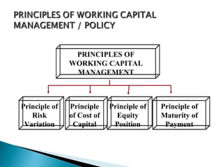 PRINCIPLES OF
               WORKING CAPITAL
                MANAGEMENT



Principle of   Principle    Principle of   Principle of
   Risk        of Cost of     Equity       Maturity of
 Variation      Capital      Position       Payment
 