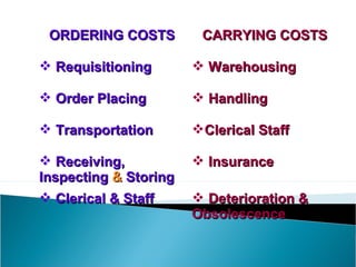 ORDERING COSTS         CARRYING COSTS

 Requisitioning        Warehousing

 Order Placing         Handling

 Transportation       Clerical Staff

 Receiving,            Insurance
Inspecting & Storing
 Clerical & Staff      Deterioration &
                       Obsolescence
 