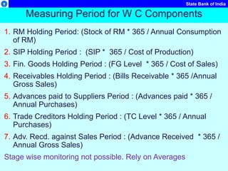 State Bank of India
Measuring Period for W C Components
1. RM Holding Period: (Stock of RM * 365 / Annual Consumption
of RM)
2. SIP Holding Period : (SIP * 365 / Cost of Production)
3. Fin. Goods Holding Period : (FG Level * 365 / Cost of Sales)
4. Receivables Holding Period : (Bills Receivable * 365 /Annual
Gross Sales)
5. Advances paid to Suppliers Period : (Advances paid * 365 /
Annual Purchases)
6. Trade Creditors Holding Period : (TC Level * 365 / Annual
Purchases)
7. Adv. Recd. against Sales Period : (Advance Received * 365 /
Annual Gross Sales)
Stage wise monitoring not possible. Rely on Averages
 