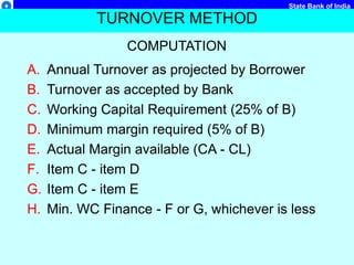 State Bank of India
TURNOVER METHOD
A. Annual Turnover as projected by Borrower
B. Turnover as accepted by Bank
C. Working Capital Requirement (25% of B)
D. Minimum margin required (5% of B)
E. Actual Margin available (CA - CL)
F. Item C - item D
G. Item C - item E
H. Min. WC Finance - F or G, whichever is less
COMPUTATION
 