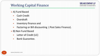 www.sbsandco.com14
 A) Fund Based
 Cash Credit
 Overdraft
 Inventory finance and
 Factoring or Bill discounting ( Post Sales Finance).
 B) Non Fund Based
 Letter of Credit (LC)
 Bank Guarantee.
Working Capital Finance
 