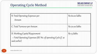 www.sbsandco.com18
Operating Cycle Method
B. Total Operating Expenses per
Annum
Rs 60.00 lakhs
C. Total Turnover per Annum Rs 70.00 lakhs
D. Working Capital Requirement
= Total Operating Expenses (B)/ No. of operating Cycle (f as
said earlier)
Rs 15 lakhs
 