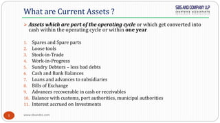 www.sbsandco.com5
 Assets which are part of the operating cycle or which get converted into
cash within the operating cycle or within one year
1. Spares and Spare parts
2. Loose tools
3. Stock-in-Trade
4. Work-in-Progress
5. Sundry Debtors – less bad debts
6. Cash and Bank Balances
7. Loans and advances to subsidiaries
8. Bills of Exchange
9. Advances recoverable in cash or receivables
10. Balance with customs, port authorities, municipal authorities
11. Interest accrued on Investments
What are Current Assets ?
 