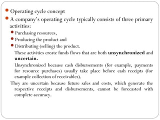 Operating cycle concept
A company’s operating cycle typically consists of three primary
activities:
Purchasing resources,
Producing the product and
Distributing (selling) the product.
These activities create funds flows that are both unsynchronized and
uncertain.
Unsynchronized because cash disbursements (for example, payments
for resource purchases) usually take place before cash receipts (for
example collection of receivables).
They are uncertain because future sales and costs, which generate the
respective receipts and disbursements, cannot be forecasted with
complete accuracy.
 