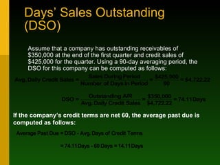 Days’ Sales Outstanding (DSO)  Assume that a company has outstanding receivables of $350,000 at the end of the first quarter and credit sales of $425,000 for the quarter. Using a 90-day averaging period, the DSO for this company can be computed as follows: If the company’s credit terms are net 60, the average past due is computed as follows: 