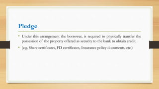 Pledge
• Under this arrangement the borrower, is required to physically transfer the
possession of the property offered as security to the bank to obtain credit.
• (e.g. Share certificates, FD certificates, Insurance policy documents, etc.)
 
