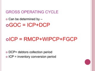 GROSS OPERATING CYCLE
   Can be determined by –

GOC         = ICP+DCP

ICP      = RMCP+WIPCP+FGCP

 DCP= debtors collection period
 ICP = inventory conversion period
 