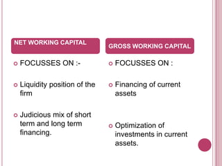 NET WORKING CAPITAL
                                GROSS WORKING CAPITAL

   FOCUSSES ON :-                 FOCUSSES ON :

   Liquidity position of the      Financing of current
    firm                            assets

   Judicious mix of short
    term and long term             Optimization of
    financing.                      investments in current
                                    assets.
 